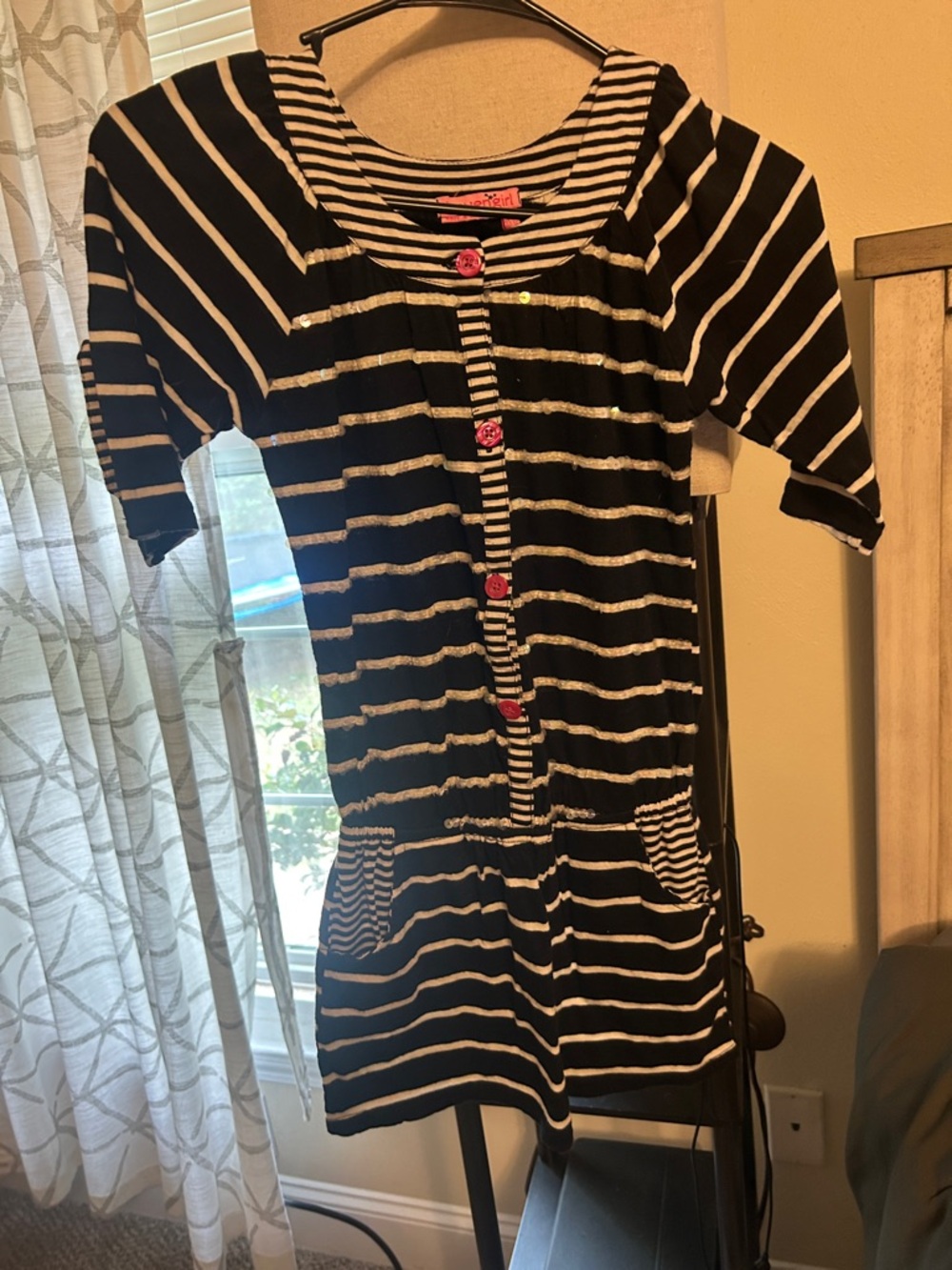 Striped Black and White Kids' Casual Dress with Pink Button Accents